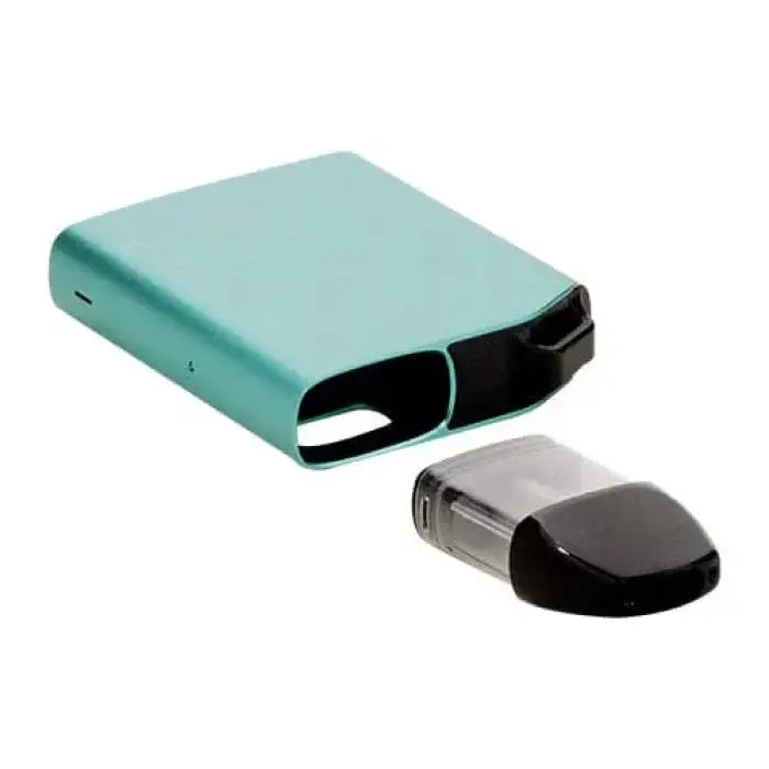 Teal-colored electronic vaping device with a detachable black pod.