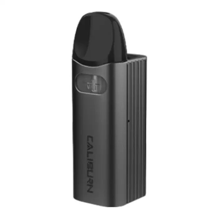 Sleek black electronic vaping device with a ribbed body design.