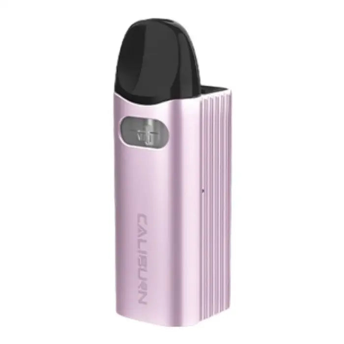 Pink metallic electronic vaping device with a black mouthpiece and small display window.