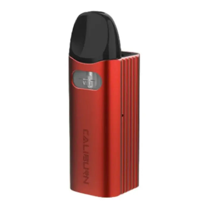 Red metallic electronic vaping device with a black mouthpiece.