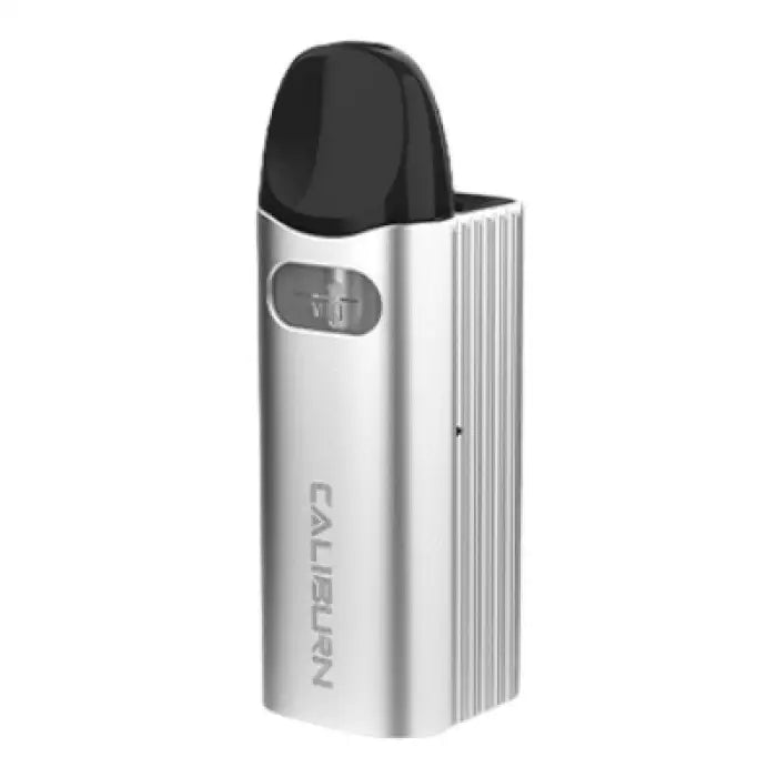 Sleek silver electronic vaping device with a black mouthpiece and small display window.