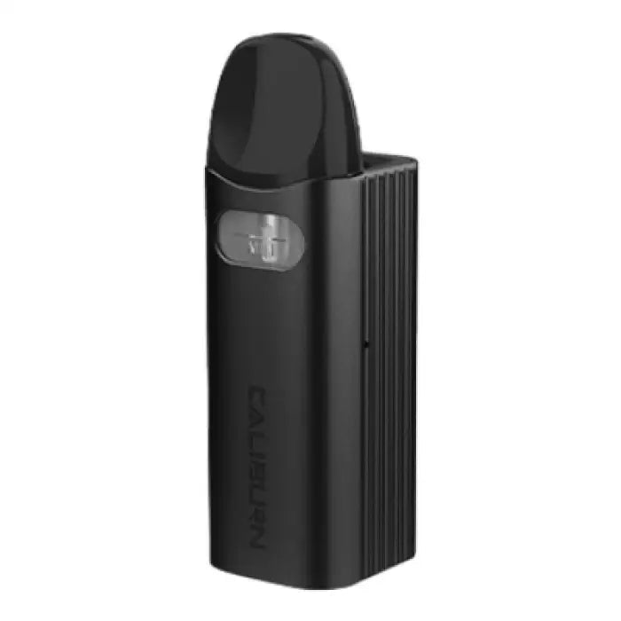 Black electronic vaping device with a sleek, rectangular design and a small display window.