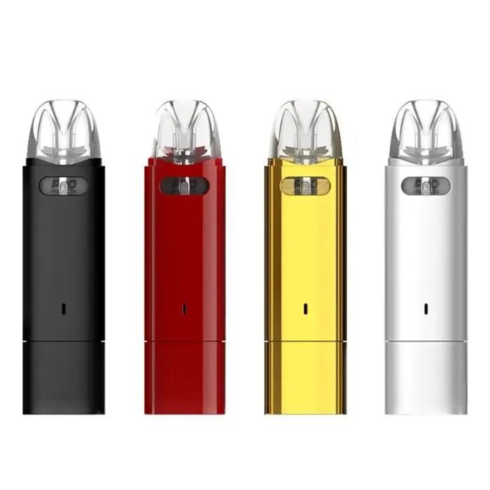 Set of four electronic cigarettes or vape pens in different colors: black, red, yellow, and silver.