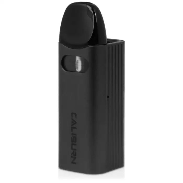 Black electronic vaping device with a sleek, rectangular design and rounded mouthpiece.