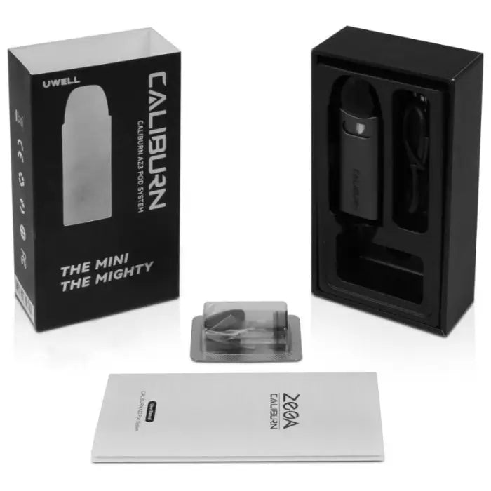 Vaporizer or e-cigarette device with its packaging and accessories.