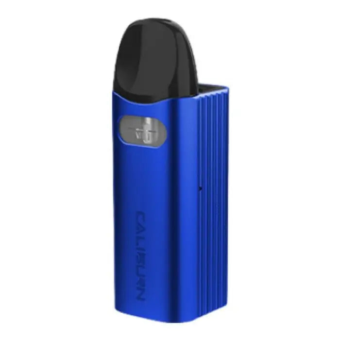 Blue electronic vaping device with a black mouthpiece and small display screen.