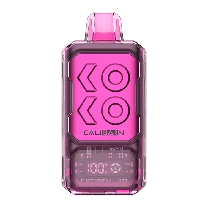 Pink electronic vaping device with a digital display and ’CALIBURN’ branding.