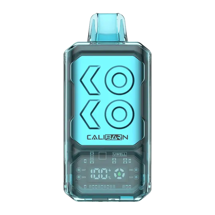 Teal-colored electronic vaping device with a digital display and transparent mouthpiece.