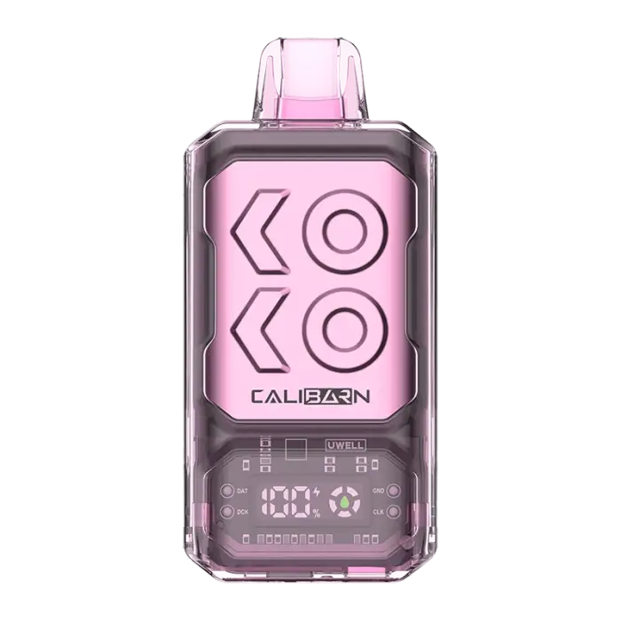 Pink and gray electronic vaping device with a digital display and ’KOKO’ branding.