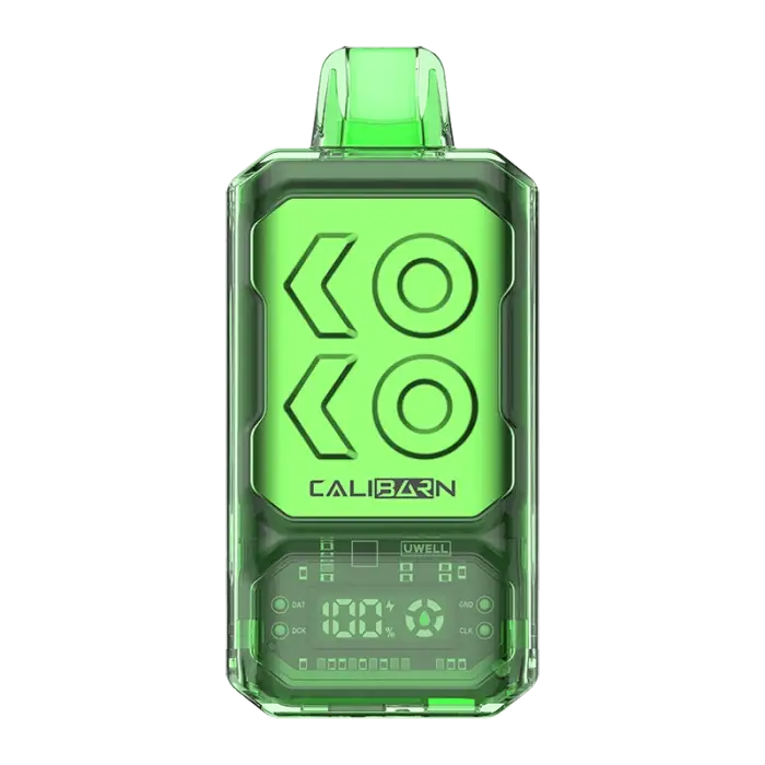 Bright green electronic vaping device with a digital display and transparent mouthpiece.