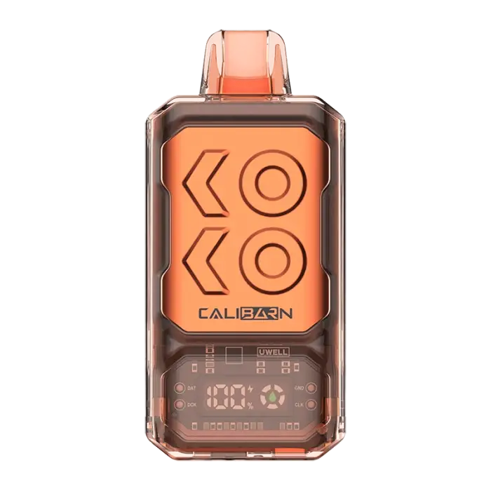 Orange and brown electronic device with a digital display and ’CALIBURN’ branding.