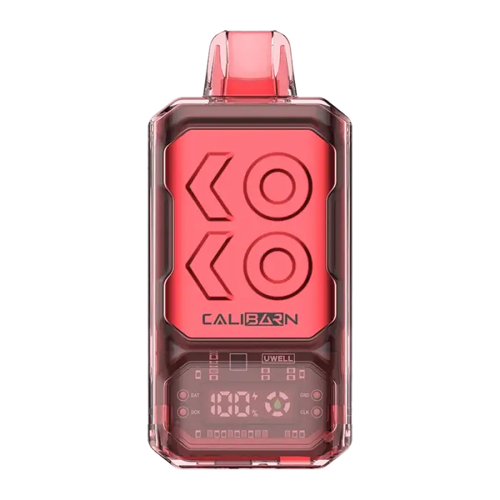 Red electronic vaping device with a digital display and ’CALIBURN’ branding.