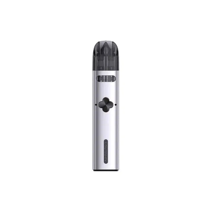 Sleek silver and black electronic vaping device with a cylindrical shape.