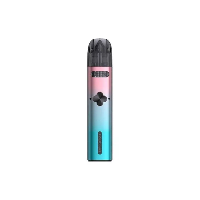 Cylindrical vape device with a gradient pink to blue color scheme.