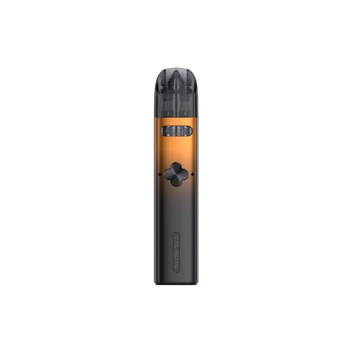 Sleek black and orange electronic vaping device with a cylindrical shape.