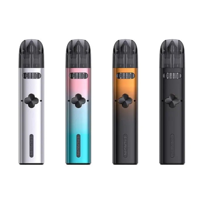 Four electronic vaping devices in different colors and gradients.