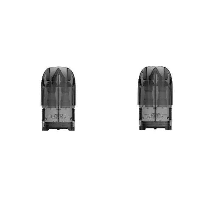 Two transparent vape pods or cartridges with dark tips.