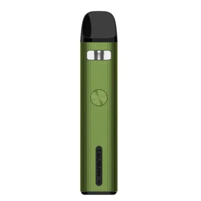 Green electronic vaping device or e-cigarette with a sleek, rectangular design.