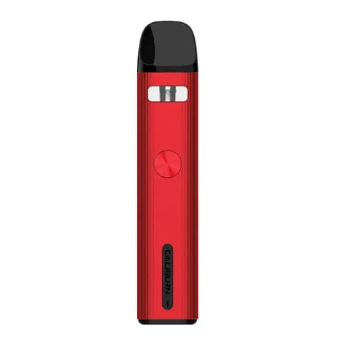 Red electronic vaping device or e-cigarette with a sleek, rectangular design.