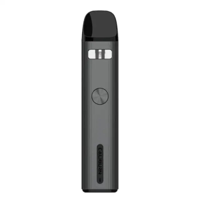 Sleek, dark gray electronic vaping device with a small window and circular button.