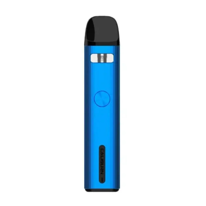 Blue electronic vaping device with a black mouthpiece and visible cartridge window.