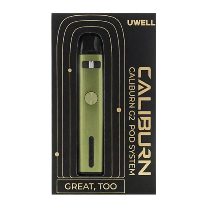 Olive green electronic vaping device or e-cigarette in packaging.