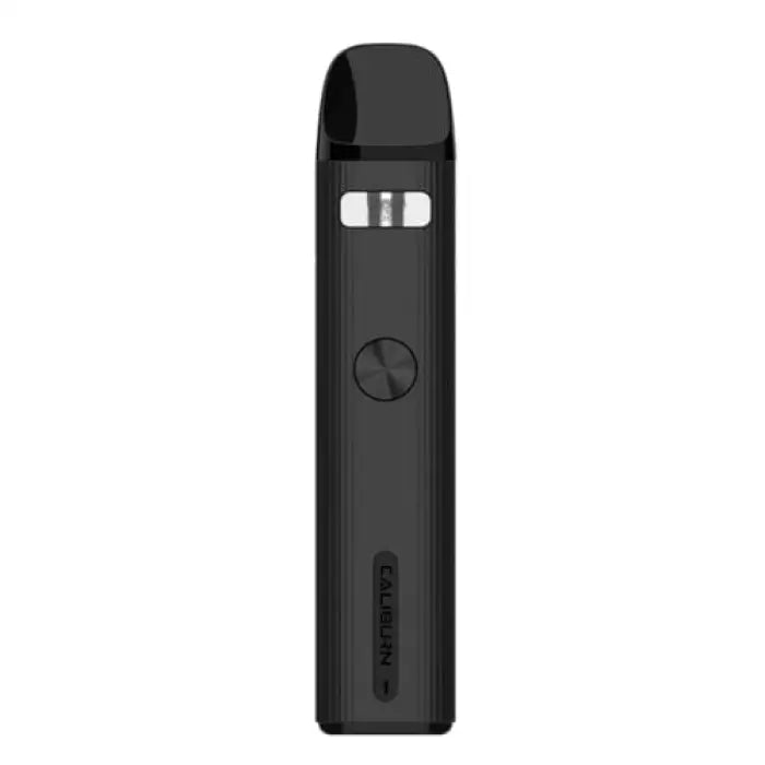 Black electronic vaping device or e-cigarette with a sleek, rectangular design.