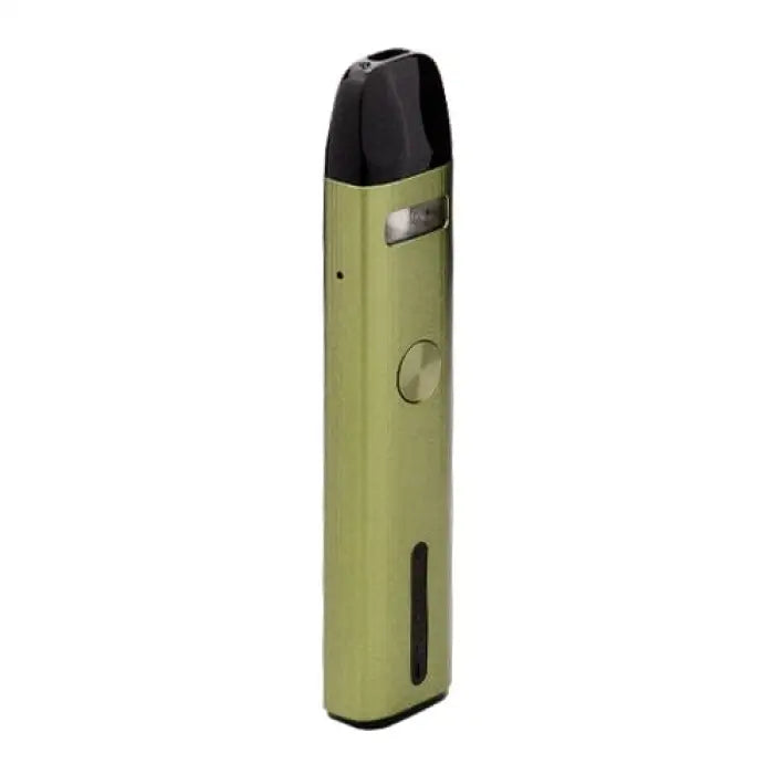 Olive green electronic vaping device with a black mouthpiece.