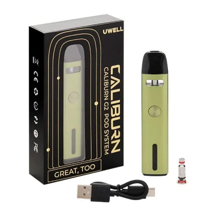 Pale green electronic vaping device with its packaging and accessories.