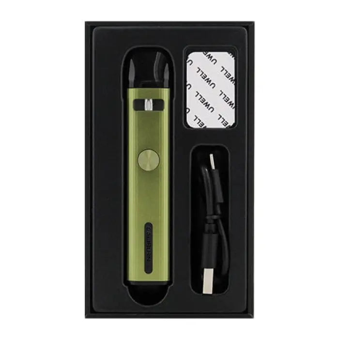 Green electronic vaping device with accessories in a black packaging tray.