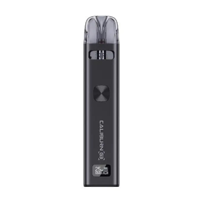 Sleek black electronic vaping device with a transparent mouthpiece.