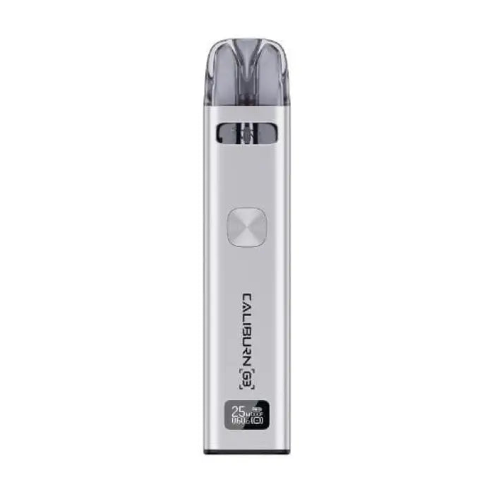 Sleek silver electronic vaping device with a digital display and transparent mouthpiece.