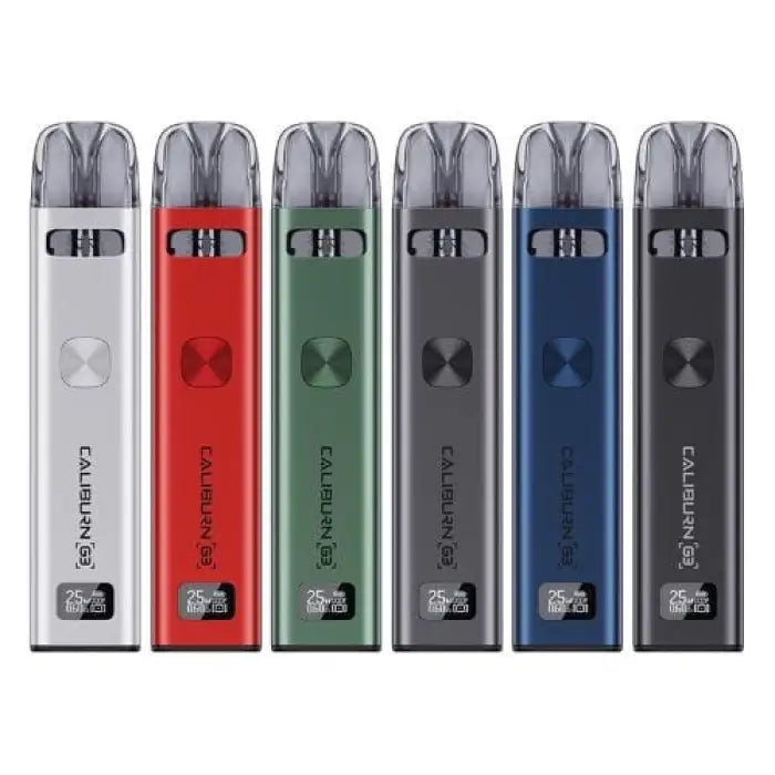 Set of six colorful electronic vaping devices or e-cigarettes in different metallic shades.