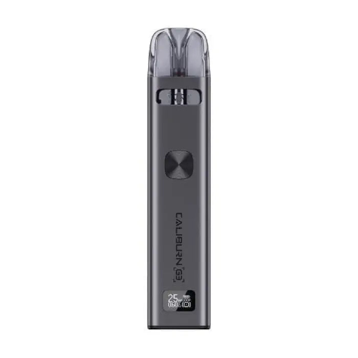 Sleek, dark gray electronic vaping device with a rectangular shape and minimal controls.