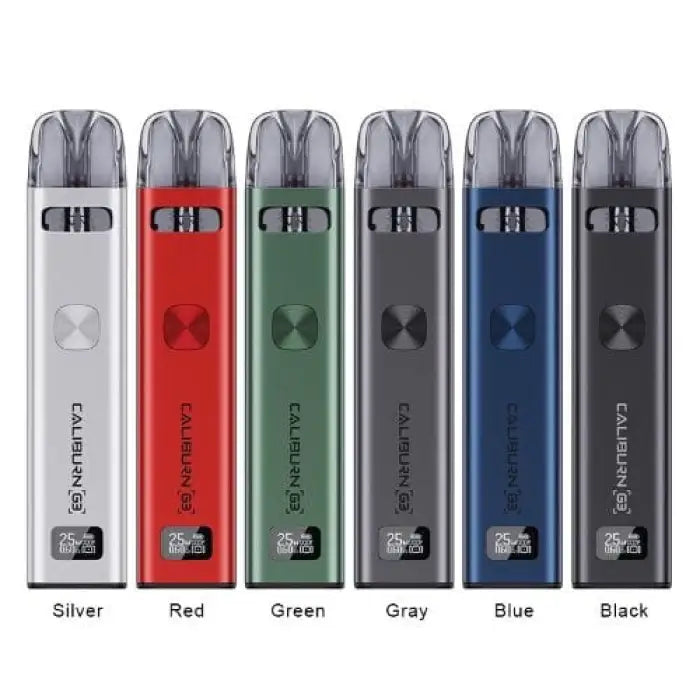 Set of six colorful electronic vaping devices in different metallic shades.