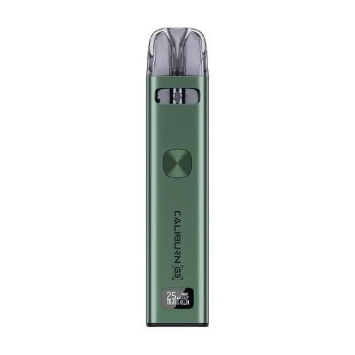 Green electronic vaping device or e-cigarette with a transparent mouthpiece.