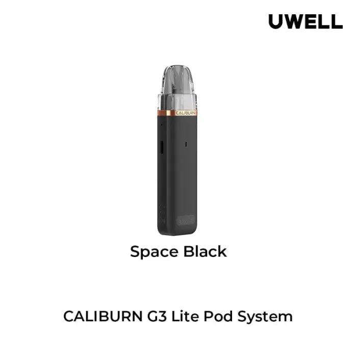 Sleek black vape device with metallic accents labeled ’CALIBURN G3 Lite Pod System’ in Space Black color.