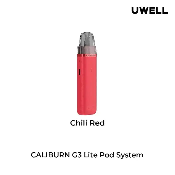 Cylindrical red vaping device with a black mouthpiece labeled ’CALIBURN G3 Lite Pod System’ in chili red color.