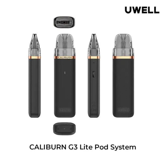 Sleek black electronic vaping device with multiple components shown from different angles.