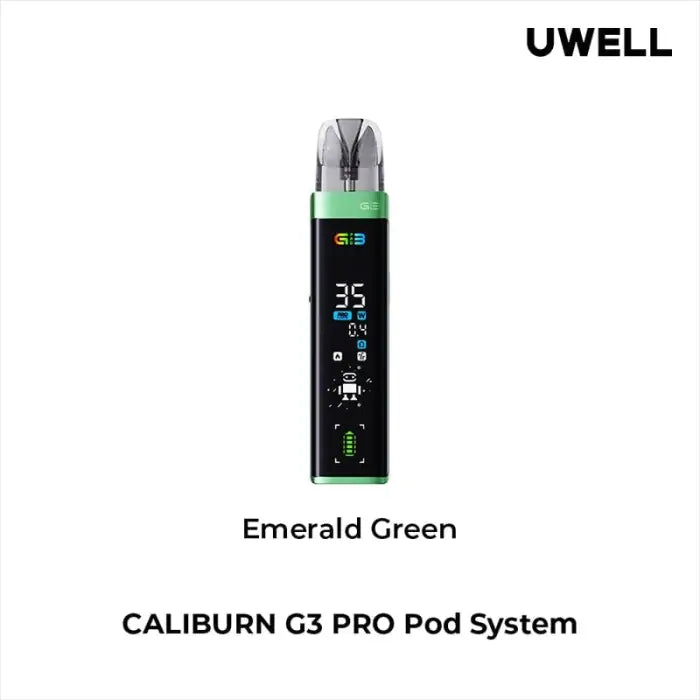 Sleek electronic vaping device with a digital display and emerald green accents.