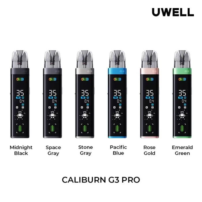 Electronic vaping devices in six different colors with digital displays.