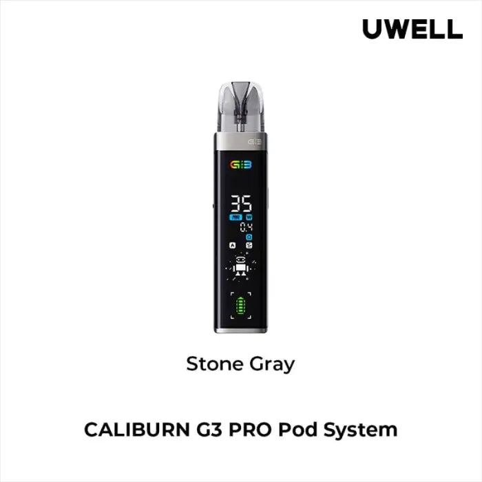 Sleek electronic vaping device with a digital display, labeled as the UWELL CALIBURN G3 PRO Pod System in Stone Gray color.