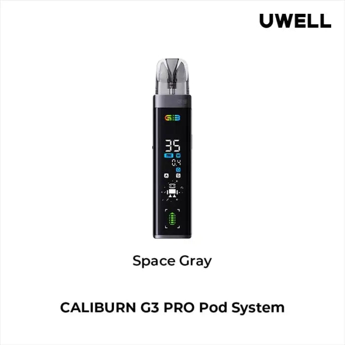 Sleek electronic vaping device with a digital display, labeled as the CALIBURN G3 PRO Pod System in Space Gray color.