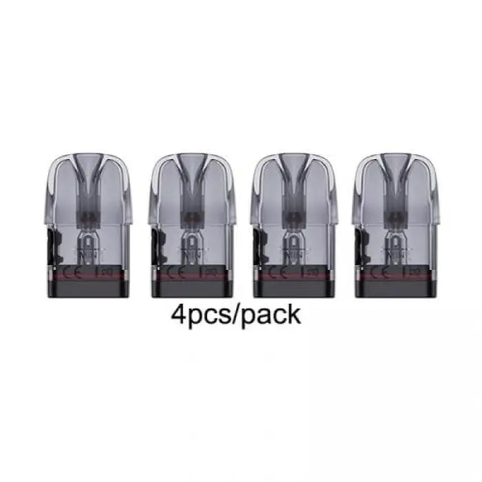 Four replacement pods or cartridges for an electronic cigarette or vaping device.