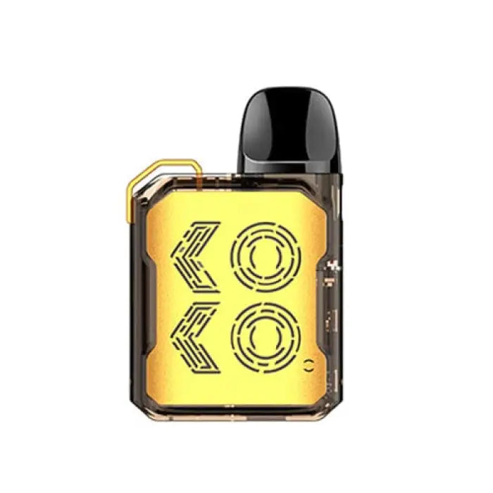 Yellow and black electronic vaping device with ’KOKO’ printed on its front panel.