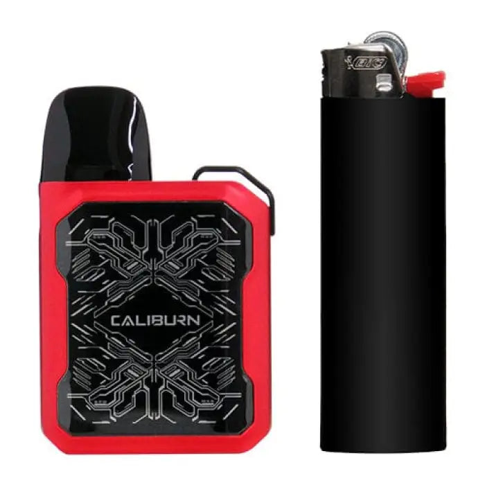 Red and black electronic vaping device with an intricate geometric pattern on its face.