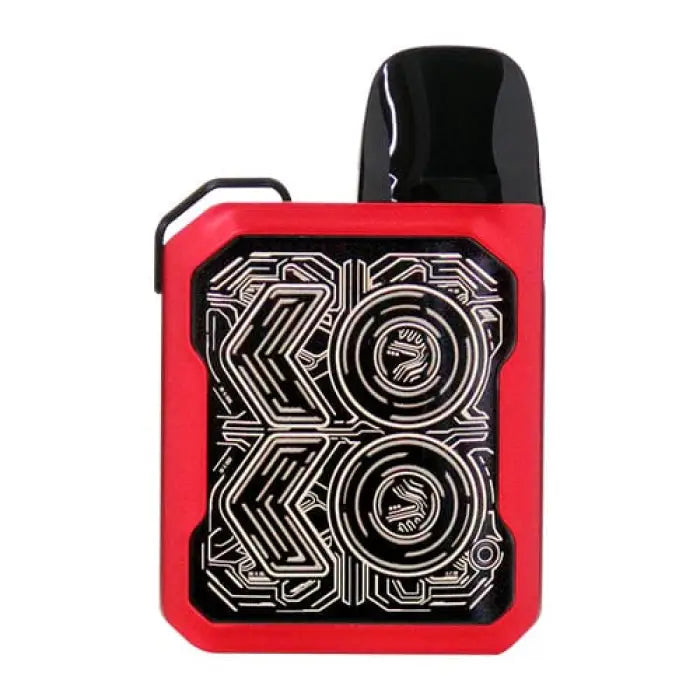 Red and black electronic vaping device with an intricate circuit board-like pattern on its face.