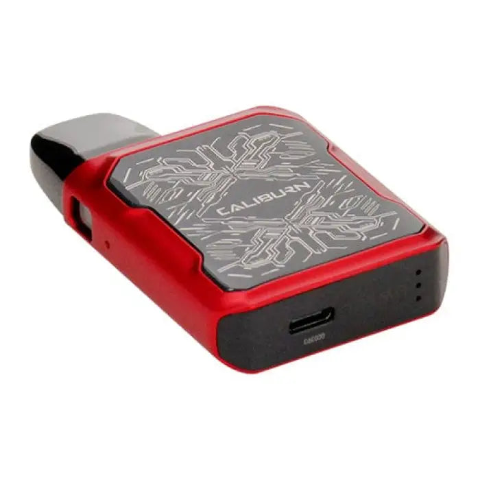 Red and black electronic device with a patterned display panel, likely a portable vaping system or e-cigarette.