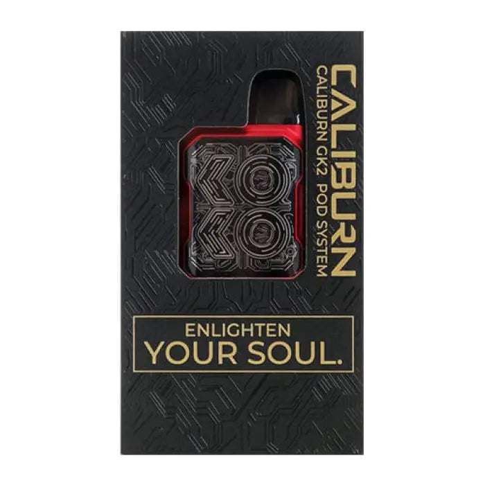 Packaging for a Caliburn KOKO pod system vaping device with ’Enlighten Your Soul’ tagline.