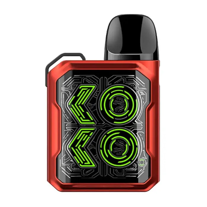 Compact electronic vaping device with a red body and green illuminated display showing ’XOXO’.